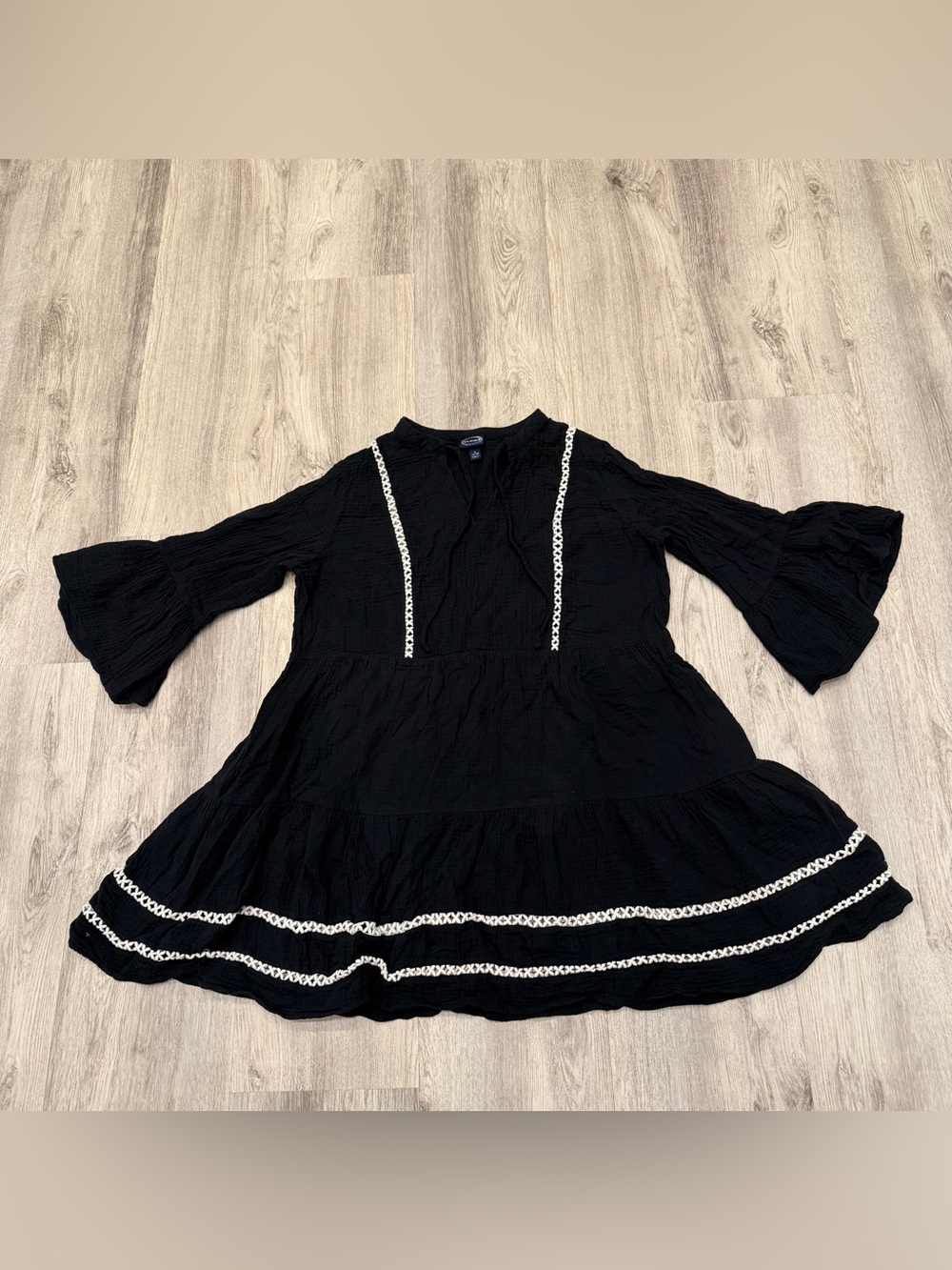Scoop Black Boho Cotton Mini Dress Size Large Embroidered Trim Tiered - Picture 2 of 3